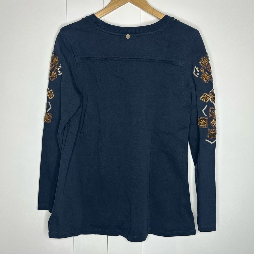 Soft Surroundings Beaded Sweatshirt Top Medium Tunic Navy Blue 100% Cotton tan - Picture 2 of 9
